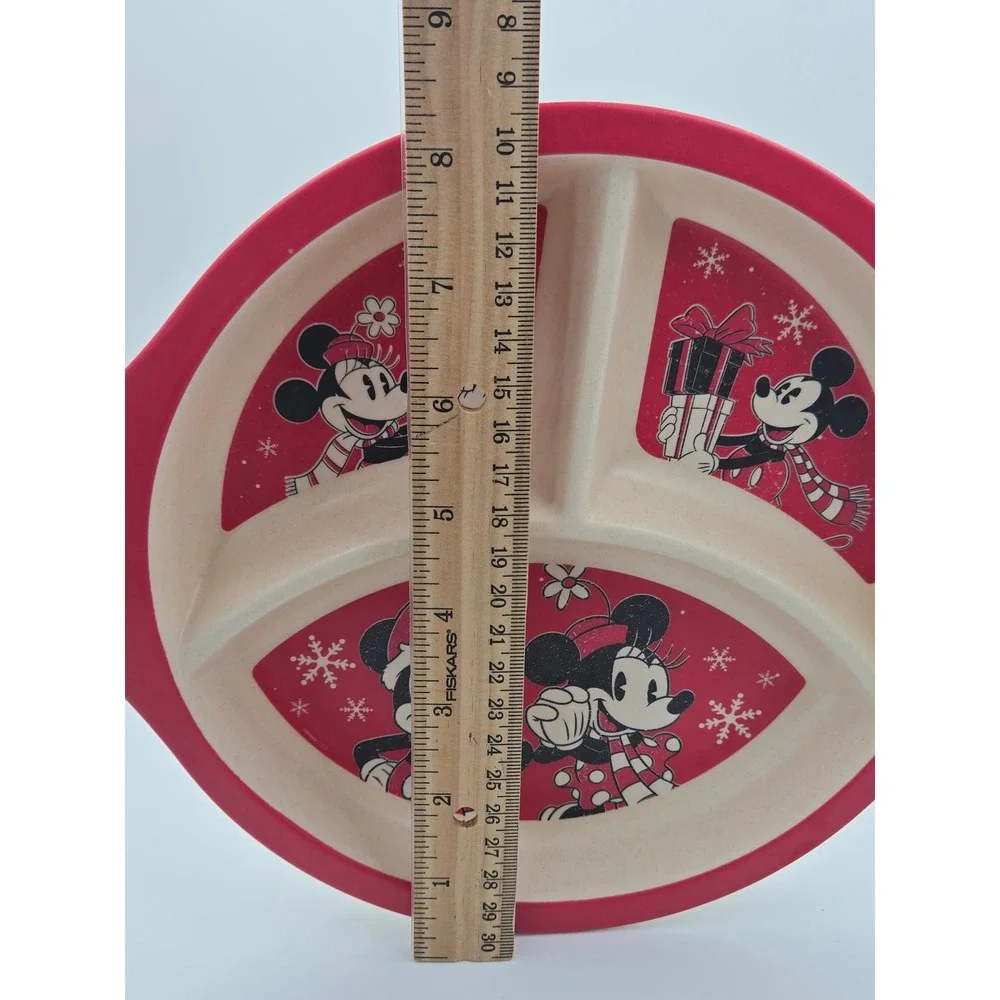 Disney Mickey Minnie Mouse Christmas Bamboo 4pc Kids Dinnerware Set Red Cream